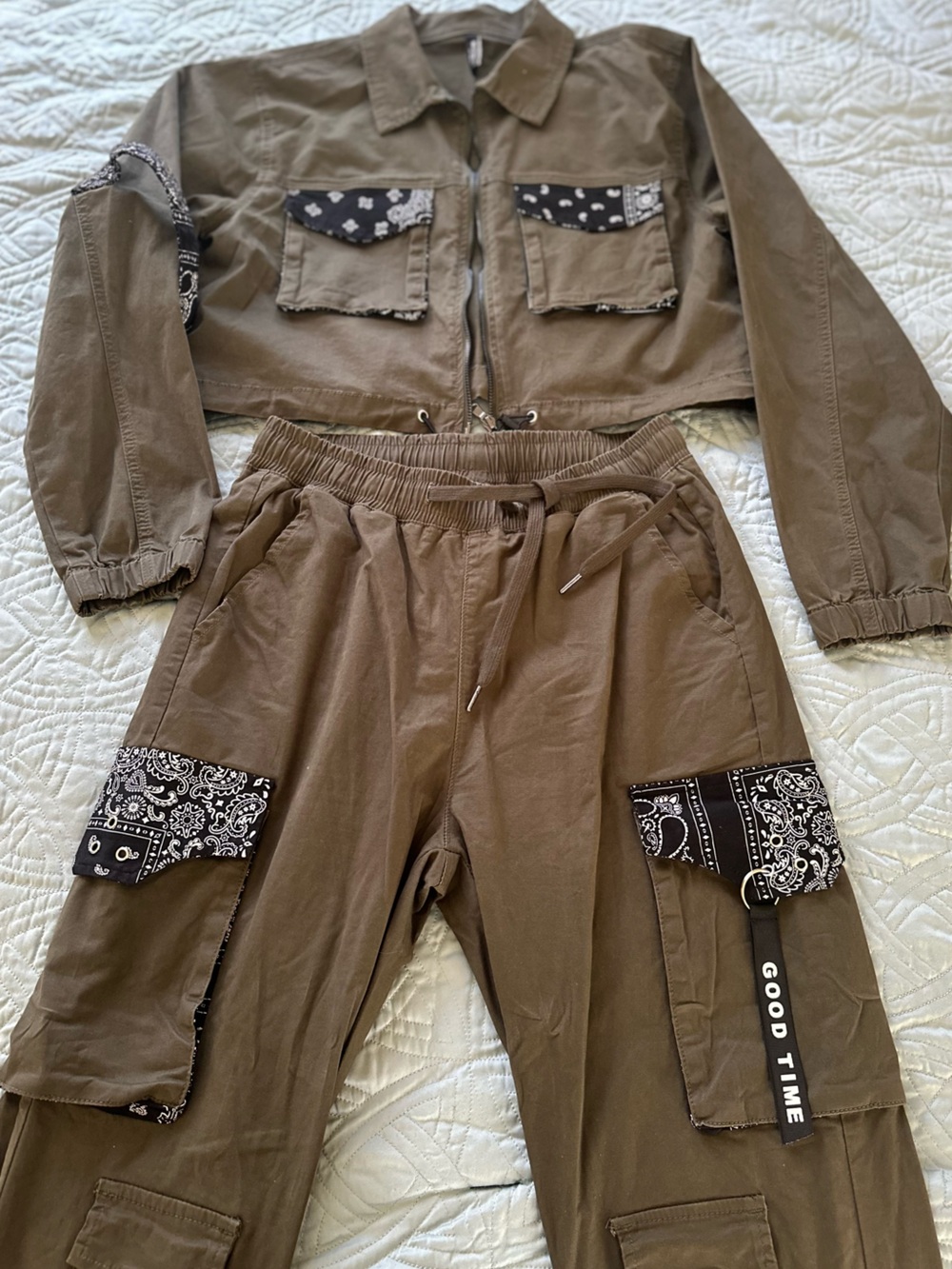 American Bazi Olive Utility Joggers with Black Bandana Trim
